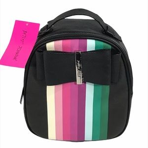 Betsey Johnson Striped Mini Backpack with Bow, Black, Pink, Green
